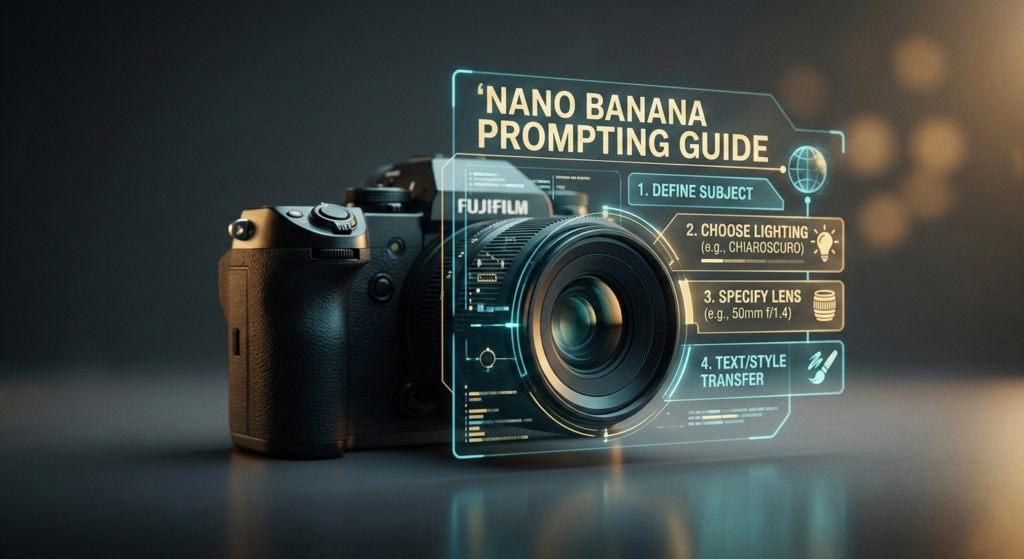 A professional camera lens overlaying a digital interface showing the core steps of the Nano Banana prompting guide.