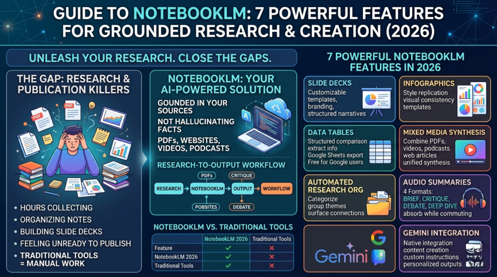 NotebookLM guide dashboard showing curated sources and Gemini integration for evidence-based content creation in 2026