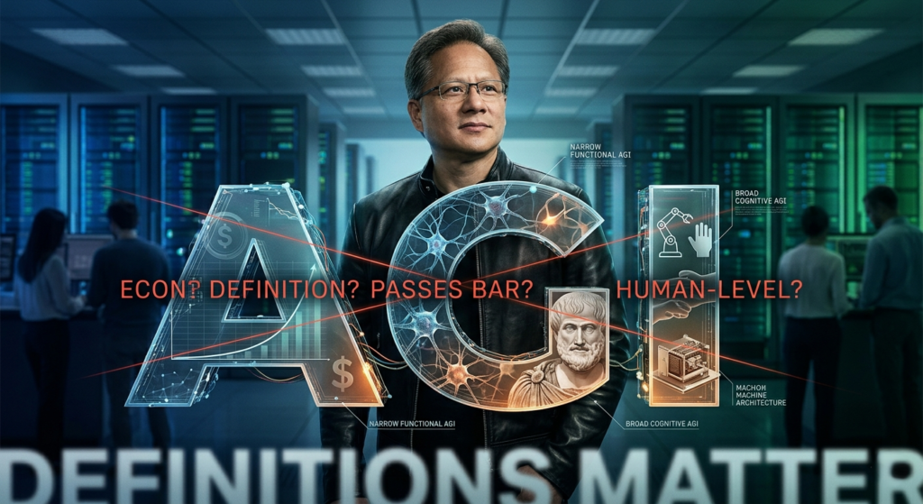 Nvidia CEO Jensen Huang in a server room with a digital AGI graphic illustrating the AI definition debate.
