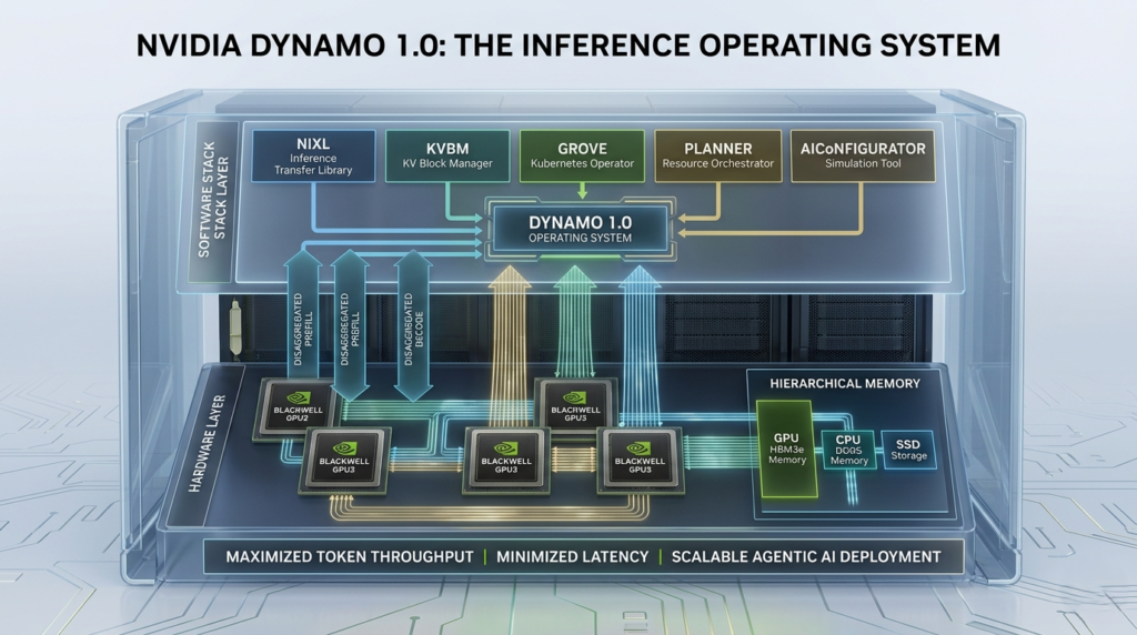 Diagram of NVIDIA Dynamo 1.0 inference operating system orchestrating Blackwell GPU clusters for AI factory efficiency.