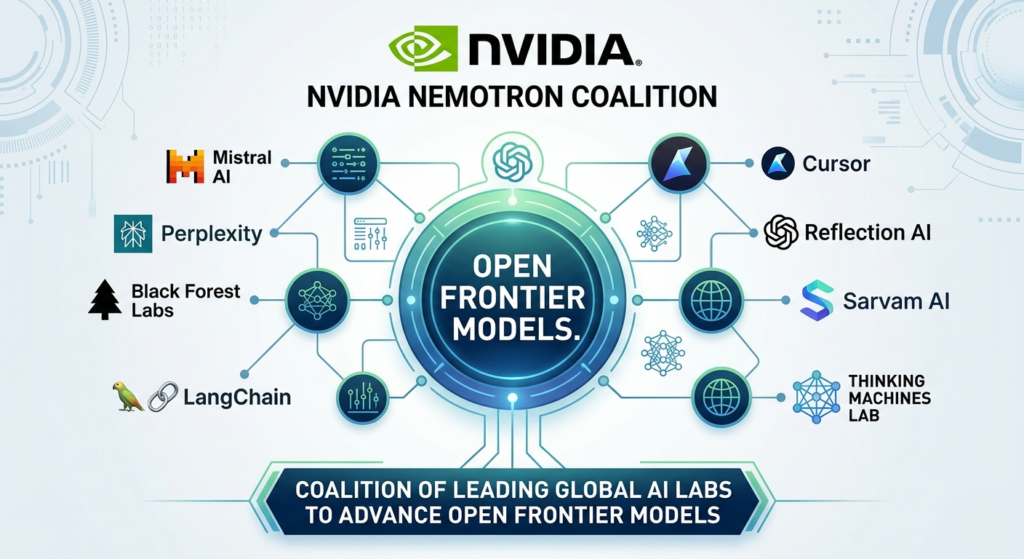 The NVIDIA Nemotron Coalition logo and member labs collaborating on open frontier models for global AI development.