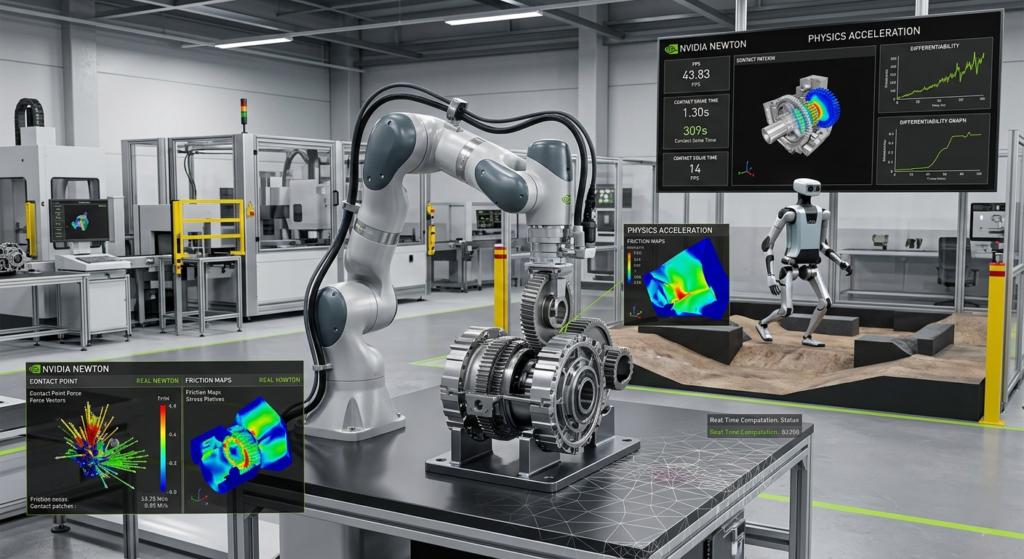 A robotic arm using NVIDIA Newton to perform contact-rich industrial manipulation in a high-fidelity simulation.