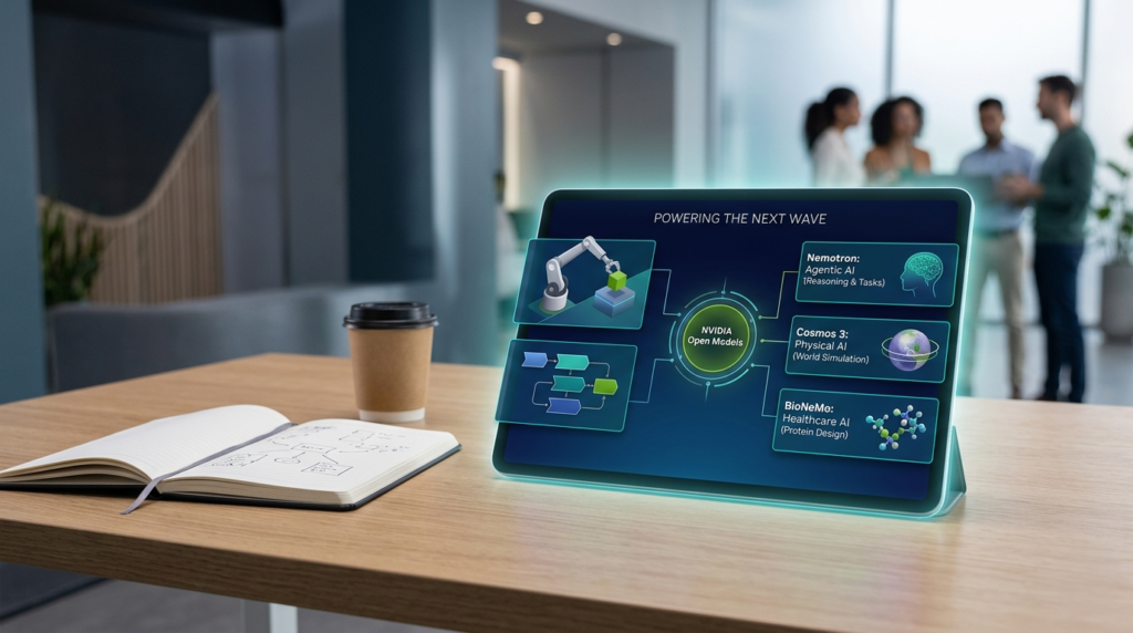 A clean workspace featuring a high-tech interface displaying NVIDIA open model families for agentic and physical AI.
