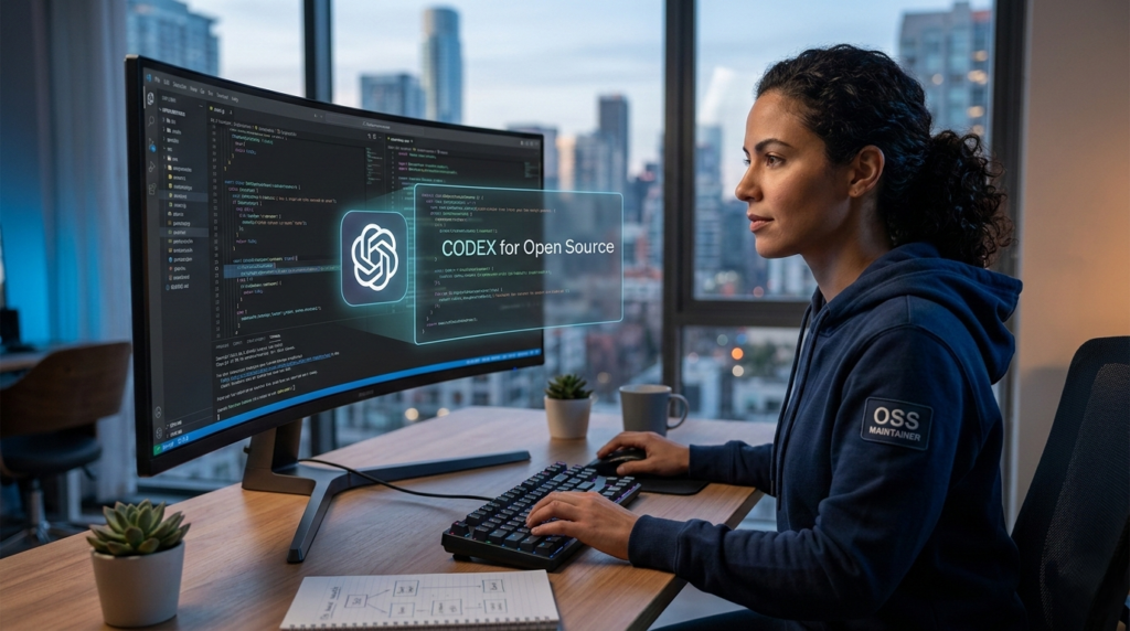 A developer reviewing code using the OpenAI Codex for Open Source program to automate GitHub repository maintenance tasks.