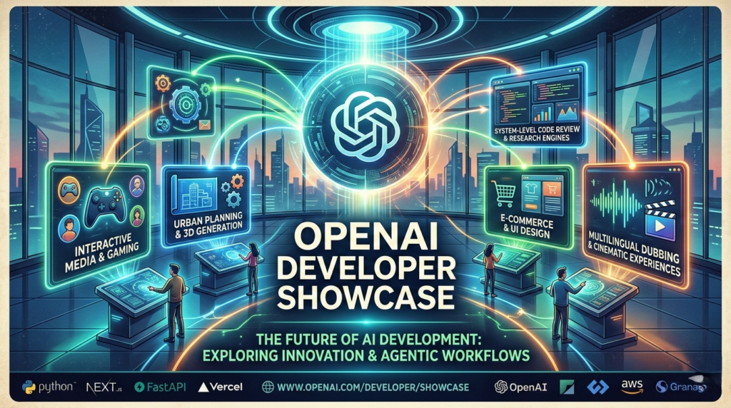 A high-tech digital gallery interface displaying diverse AI applications from the OpenAI Developer Showcase.