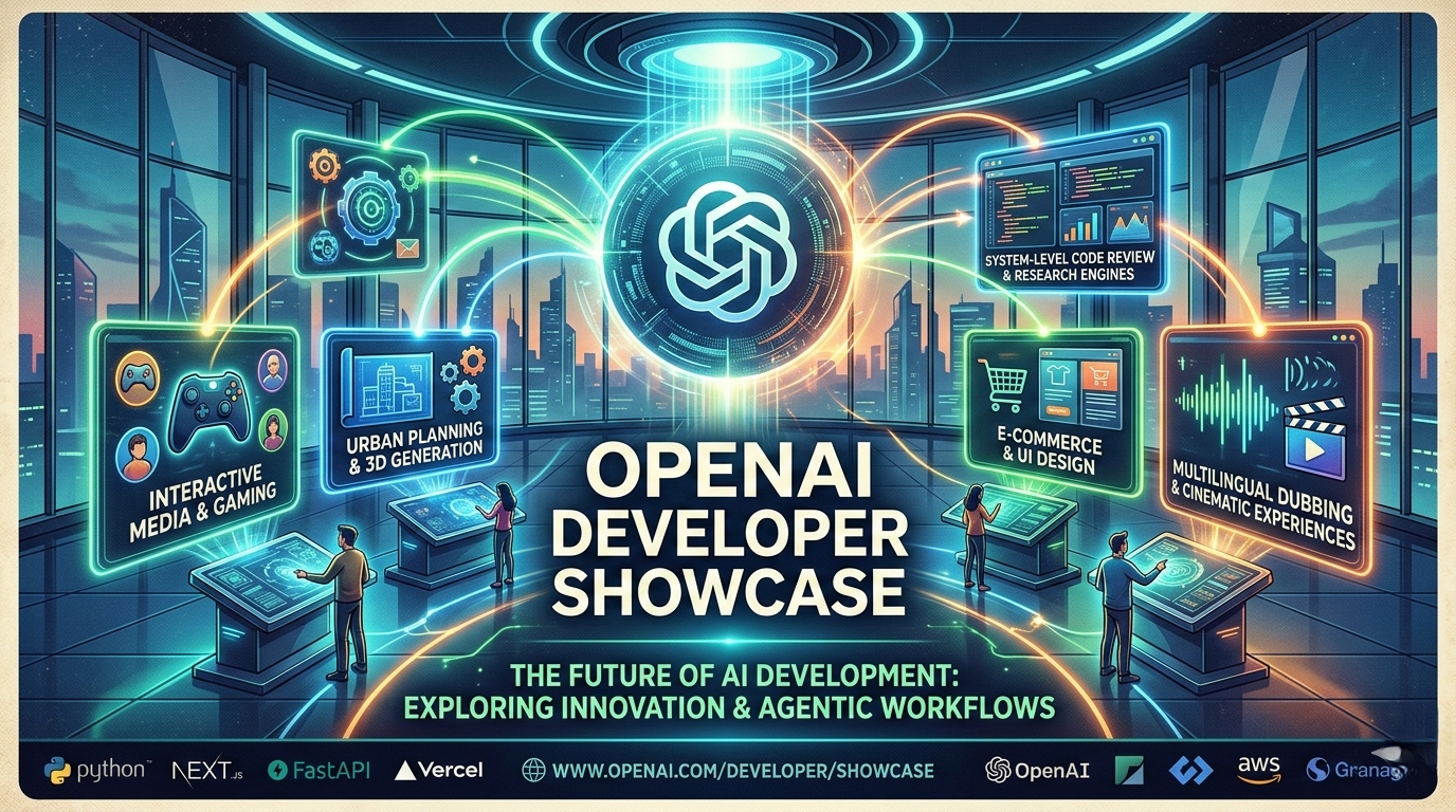 A high-tech digital gallery interface displaying diverse AI applications from the OpenAI Developer Showcase.