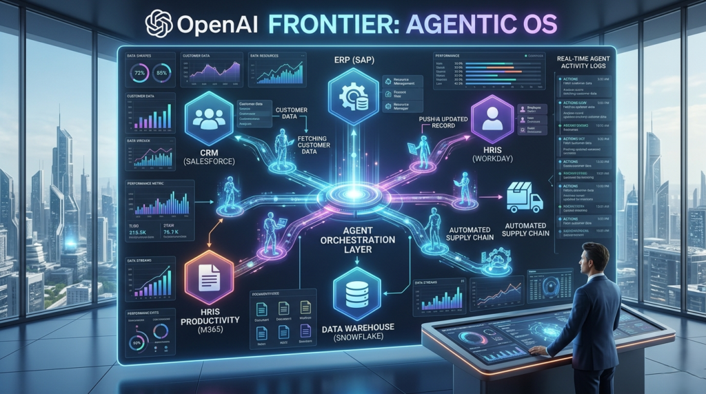 A digital dashboard showing autonomous enterprise AI agents managing corporate SaaS workflows and data integrations.