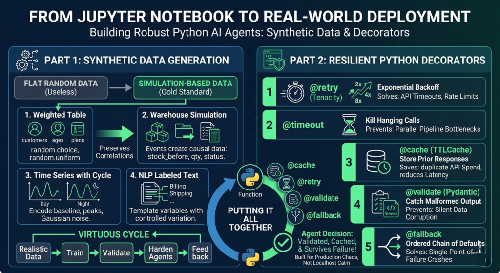 A conceptual diagram showing Python AI agents transitioning from a Jupyter notebook to a stable production environment.