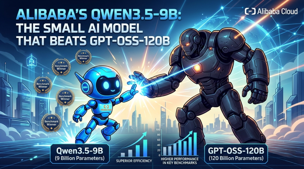 A professional comparison chart showing Qwen3.5-9B outperforming GPT-OSS-120B in reasoning and multimodal benchmarks.
