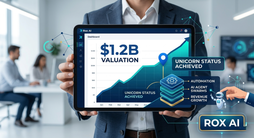 A professional digital dashboard showing the $1.2B valuation growth of sales automation startup Rox AI using AI agents.