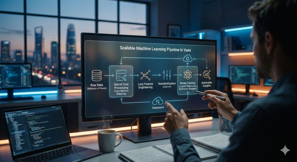 A conceptual diagram of a scalable machine learning pipeline processing millions of rows using the Vaex library.