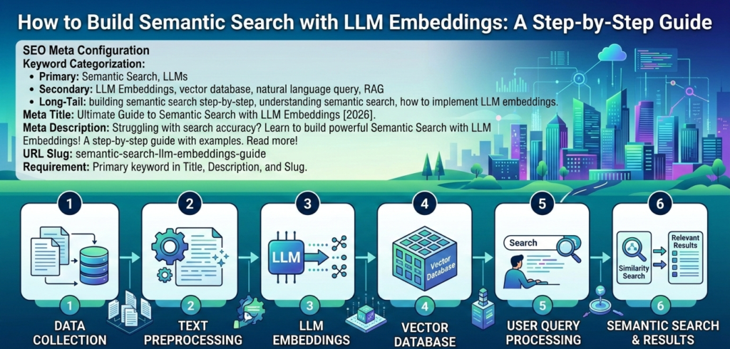 A conceptual diagram showing how semantic search with LLM embeddings converts text queries into numerical vectors.