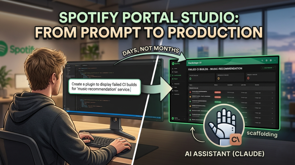 A developer using Spotify Portal Studio and AI to generate a Backstage plugin dashboard for internal engineering tasks.