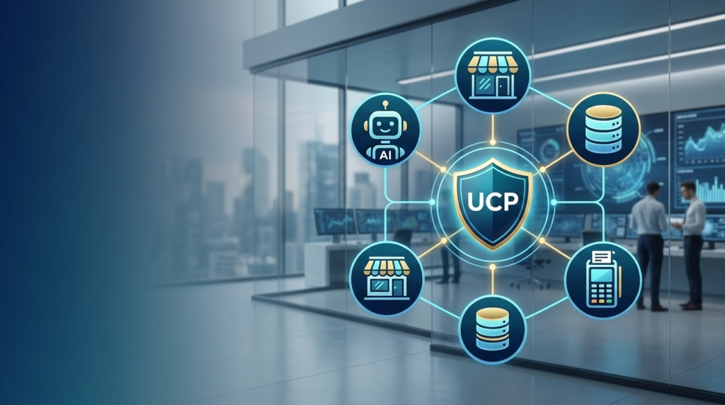 A secure UCP shield icon connecting AI agents and digital storefronts to represent the Universal Commerce Protocol standard.