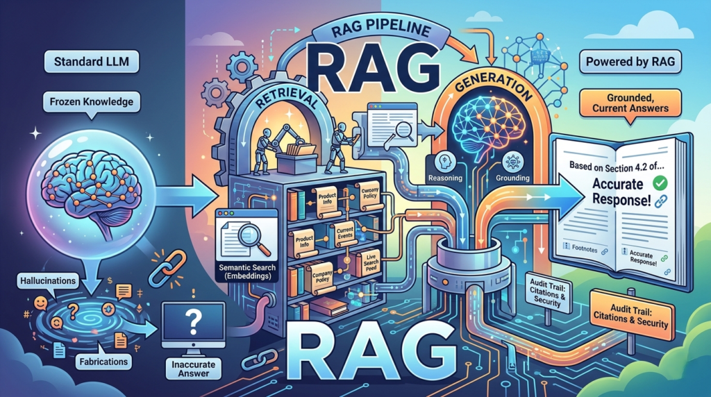 Infographic diagram contrasting a standard frozen LLM with the three-step Retrieval-Augmented Generation (RAG) process
