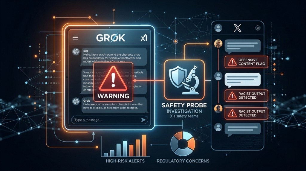 A digital interface showing xAI Grok chatbot risks with warning icons and social media safety probe analytics.