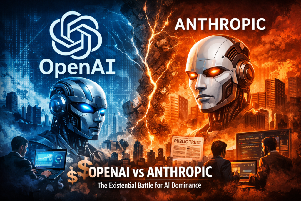 Futuristic robots representing OpenAI vs Anthropic rivalry, highlighting enterprise AI competition and industry dominance battle