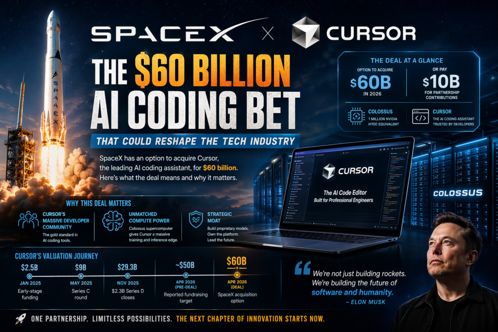 Illustration of SpaceX Cursor acquisition showing AI coding tools, supercomputer power, and $60 billion tech deal