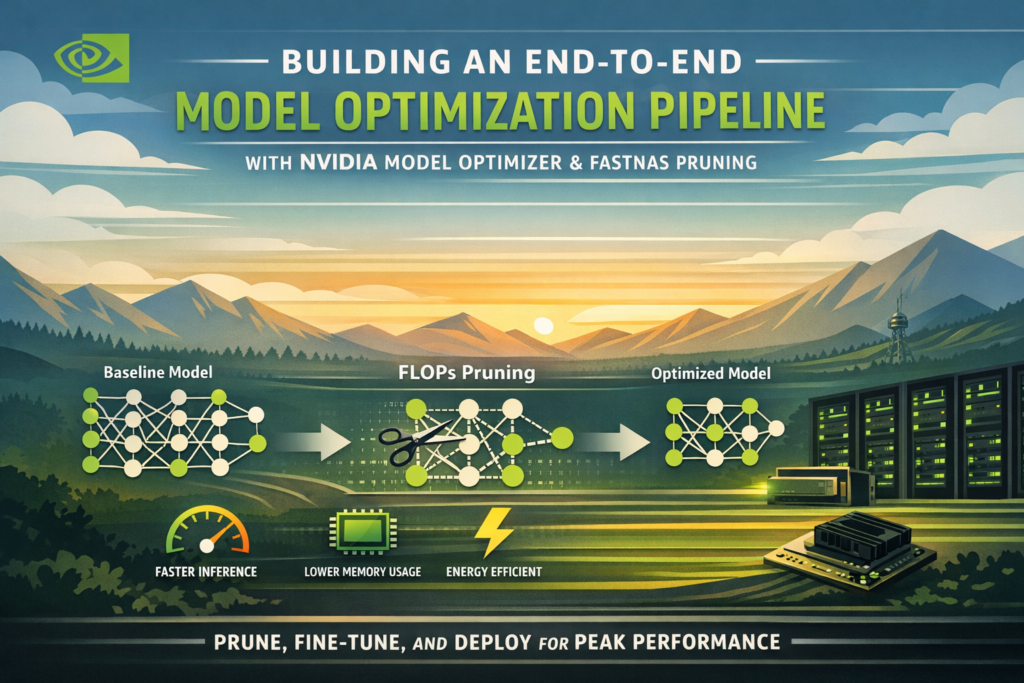 NVIDIA Model Optimizer FastNAS pruning pipeline diagram showing model compression workflow