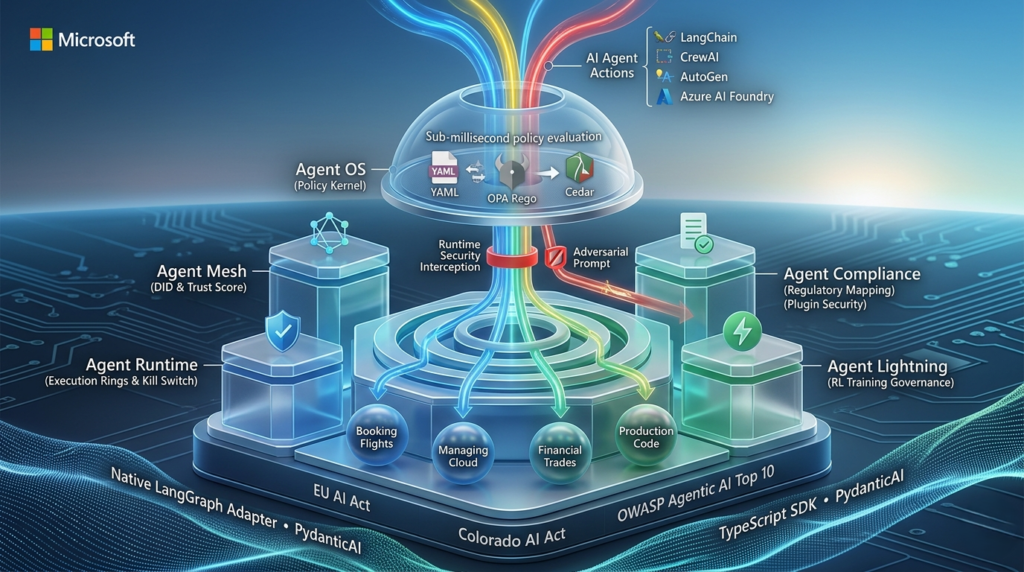 A technical diagram showing Microsoft’s Agent Governance Toolkit intercepting AI agent actions for policy enforcement.