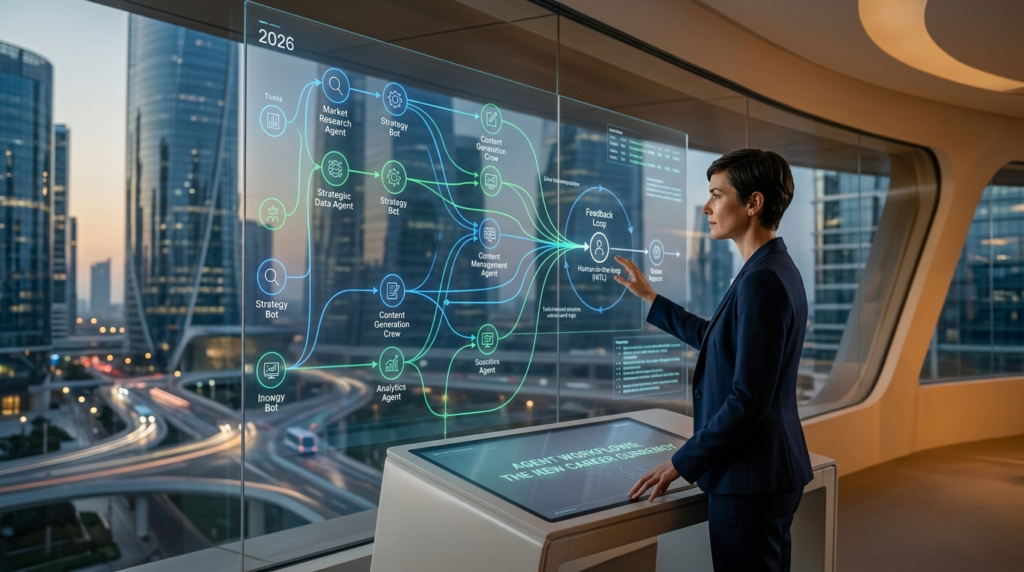A professional digital workspace showing multiple AI agent nodes connecting, proving agent workflows are the new career currency.
