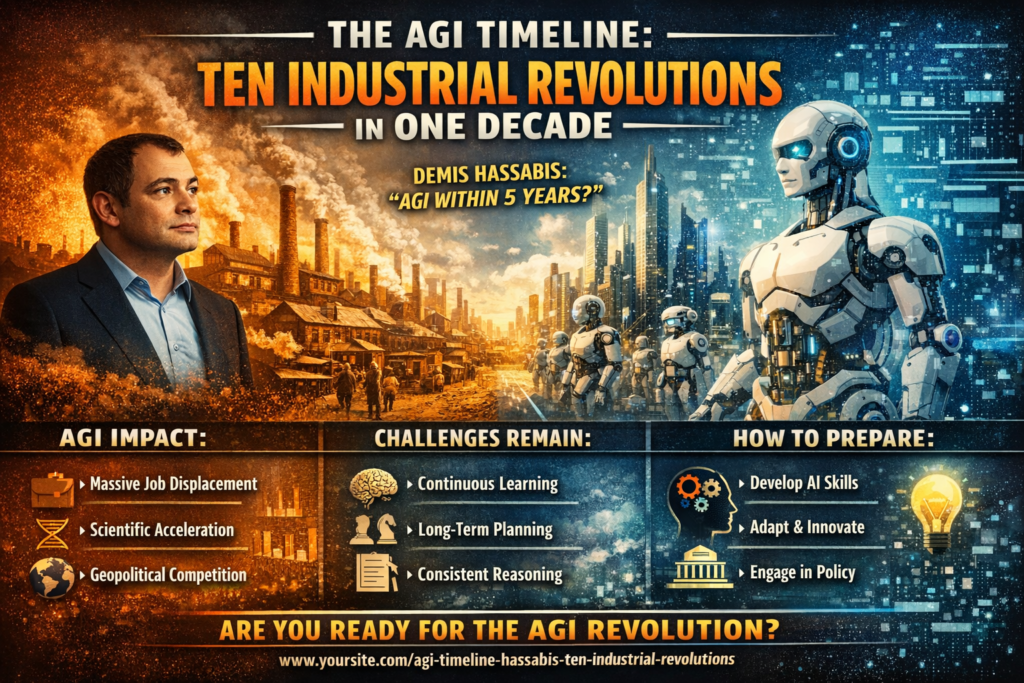 AGI timeline visualization showing industrial revolution vs AI future with Demis Hassabis and humanoid robots