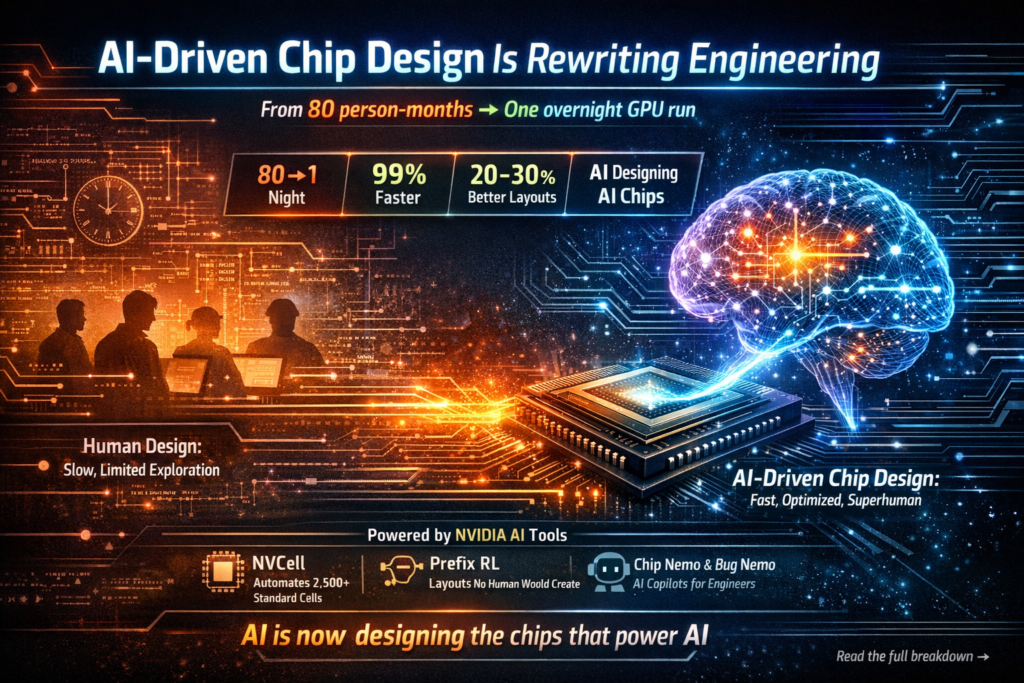 AI-driven chip design process using NVIDIA NVCell and reinforcement learning for semiconductor optimization