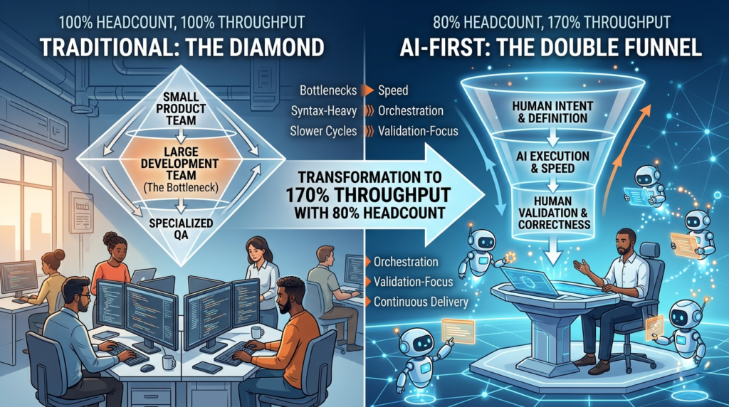 A digital illustration of a software developer orchestrating AI agents to achieve 170 percent throughput in engineering.(AI-first engineering)