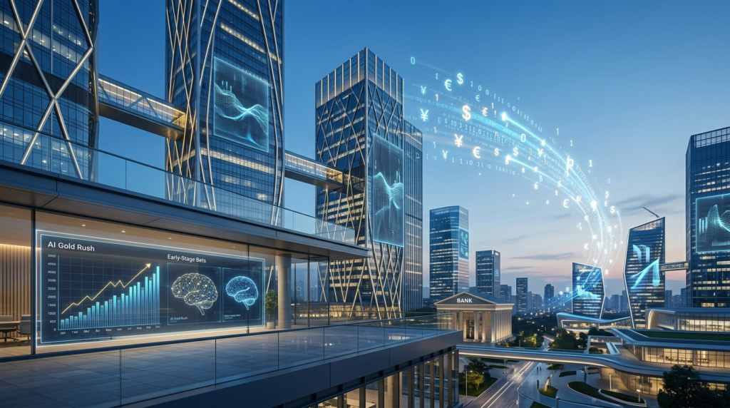 A landscape image representing the AI investment boom with capital flowing from traditional banks to modern tech innovation hubs.