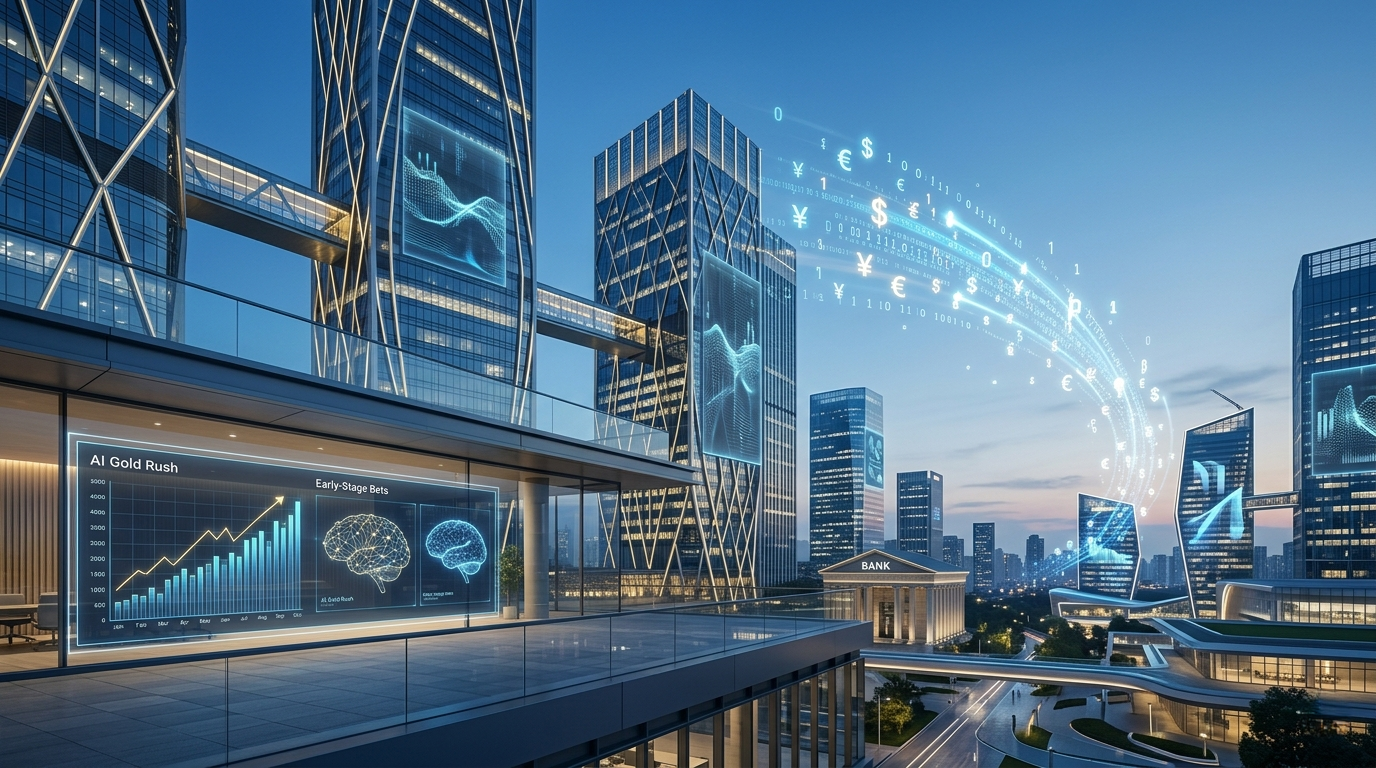 A landscape image representing the AI investment boom with capital flowing from traditional banks to modern tech innovation hubs.