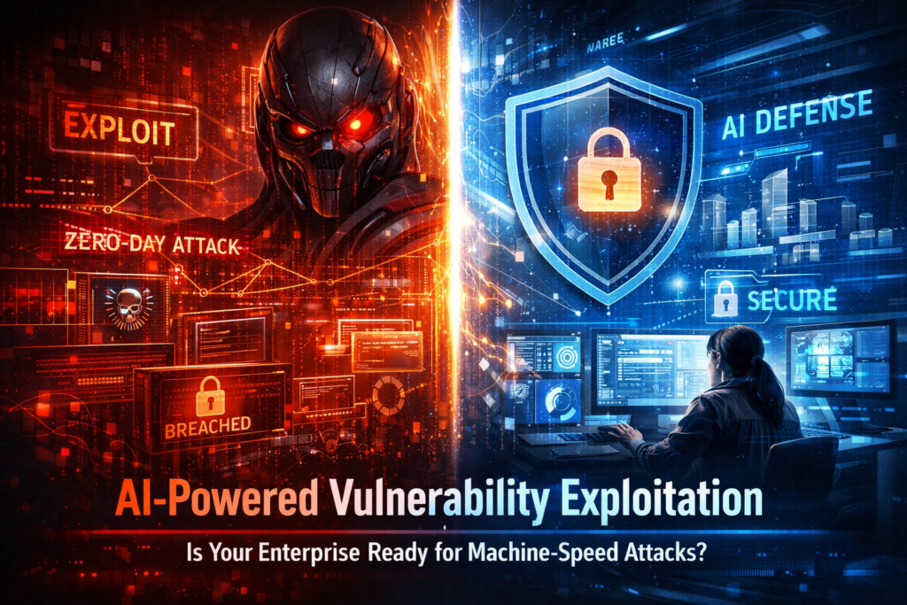 AI-powered vulnerability exploitation showing automated cyber attack and enterprise defense systems in action