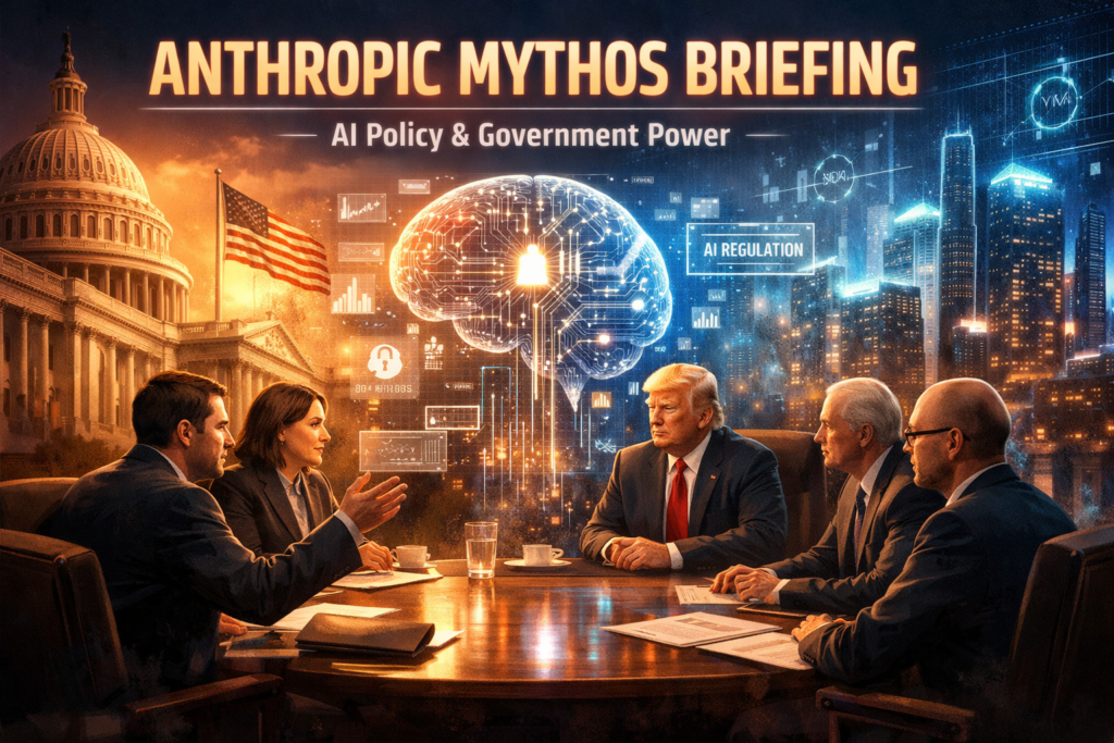 Anthropic Mythos briefing showing AI policy discussion between tech leaders and US government officials