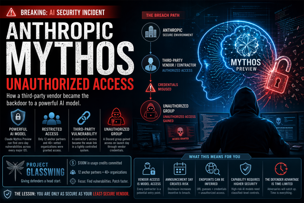 Illustration of Anthropic Mythos unauthorized access showing AI system breach via third-party vendor vulnerability