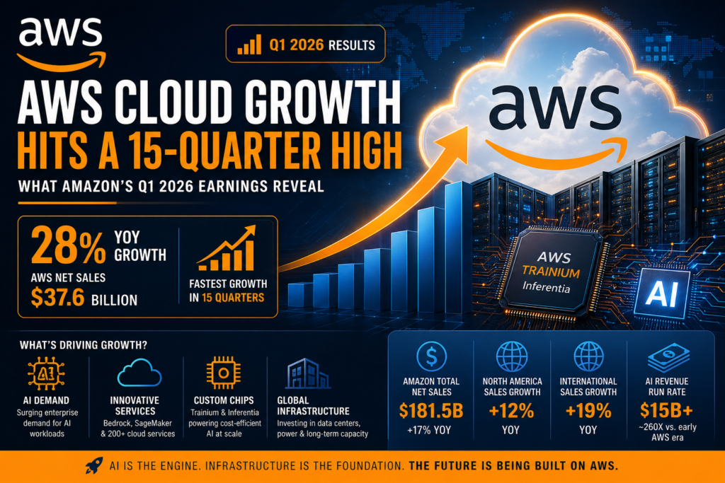 Amazon AWS cloud growth rises 28% in Q1 2026 as AI demand and infrastructure investments drive earnings growth.