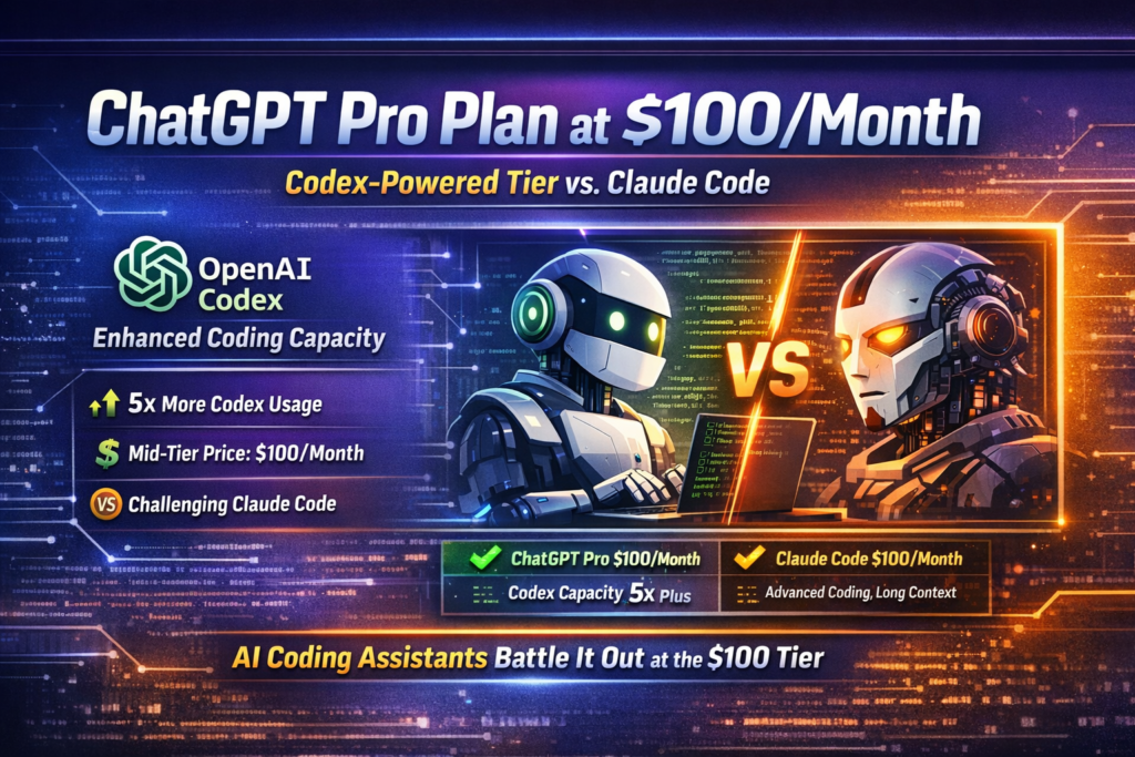 ChatGPT Pro plan $100/month comparison with Codex vs Claude Code showing pricing and coding capacity differences