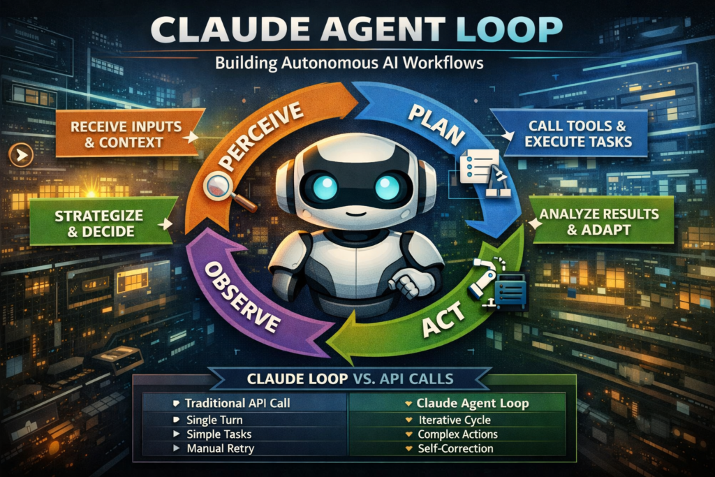 Diagram of Claude agent loop showing perceive plan act observe cycle in an autonomous AI workflow