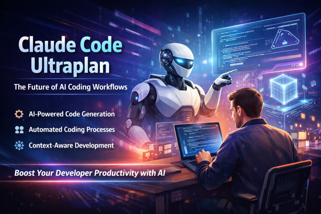 Claude Code Ultraplan AI tool automating coding workflow with developer and futuristic AI assistant interface