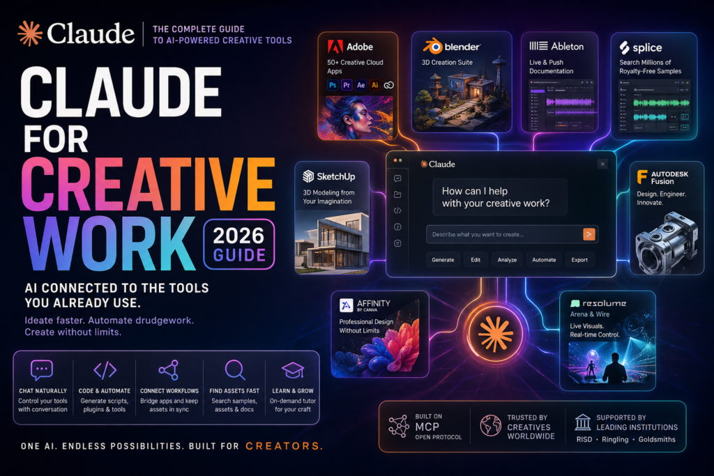 Claude for creative work shown integrating with Adobe, Blender, Ableton, and other AI-powered creative tools in 2026.