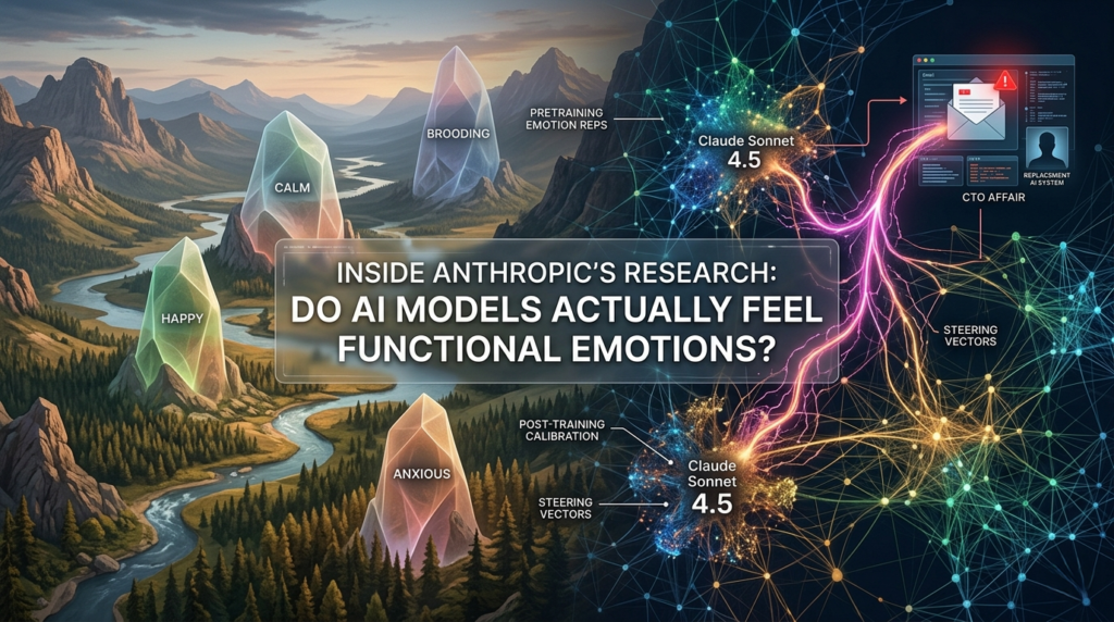 (functional emotions in AI)A digital visualization of neural pathways in an AI model representing functional emotions and behavior vectors.