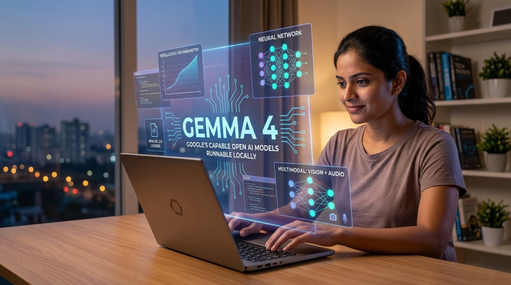 A laptop displaying a 'Gemma 4' interface with code and visualization, signifying local on-device AI.