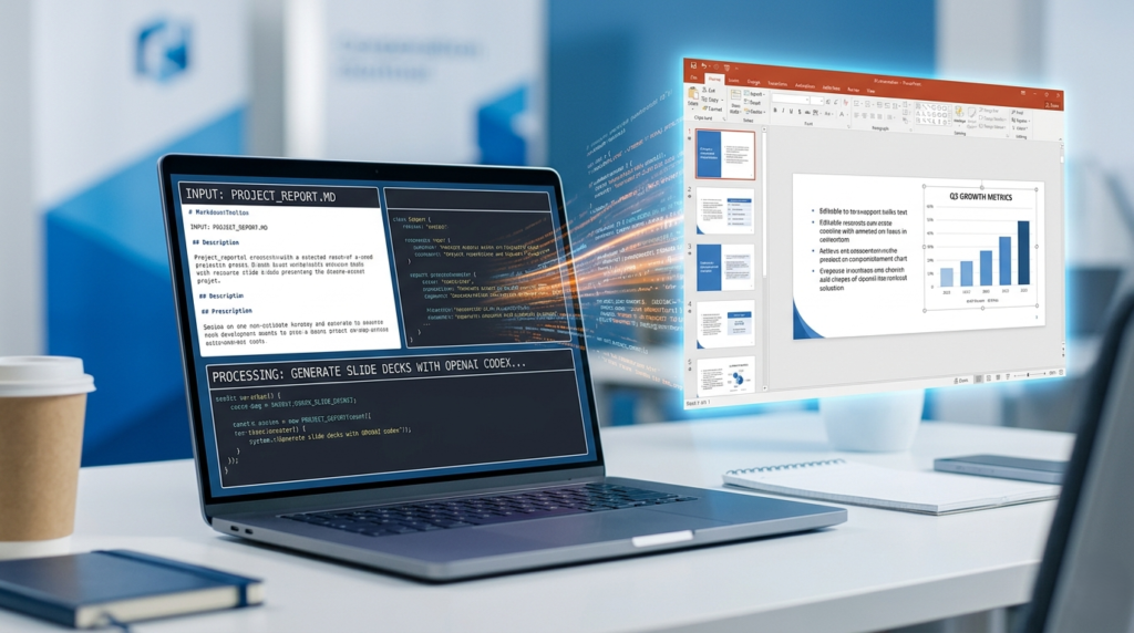 A professional laptop screen showing a script to generate slide decks with OpenAI Codex into a PowerPoint file.