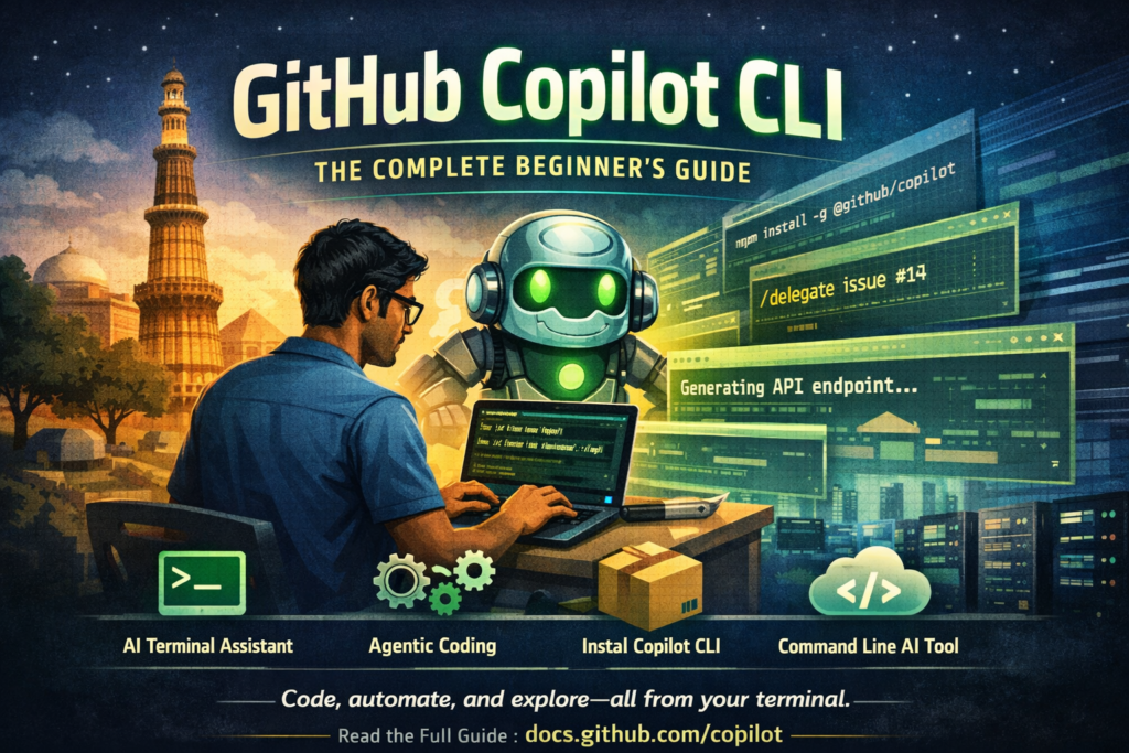 Developer using GitHub Copilot CLI in a terminal window to generate code with AI assistance on a dark-themed screen.