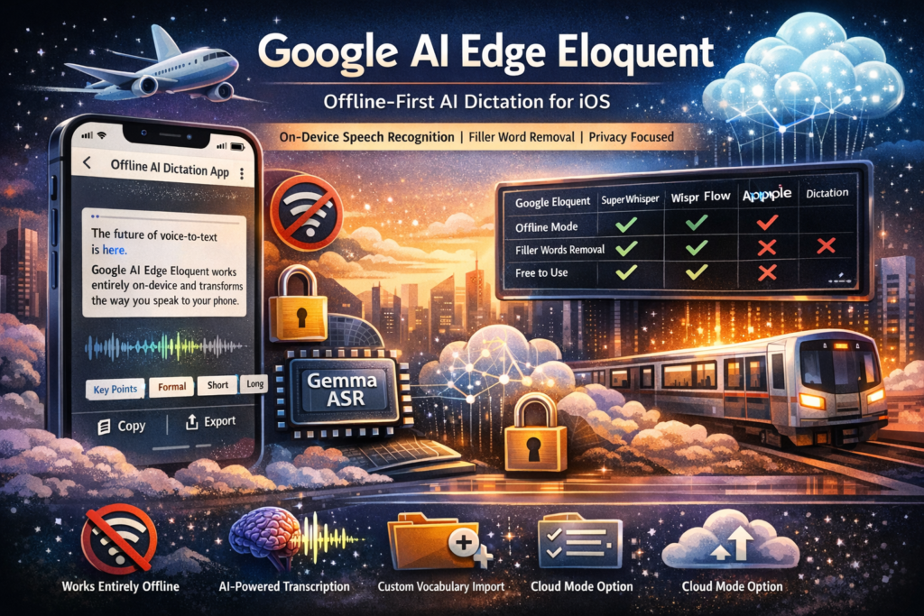 Google AI Edge Eloquent offline AI dictation app showing on-device speech recognition and privacy-first transcription on iOS