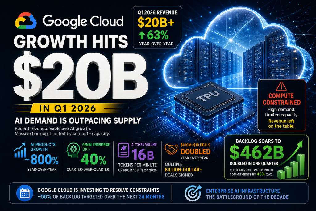 Google Cloud growth surpasses $20 billion in Q1 2026 as rising AI demand outpaces available compute capacity.