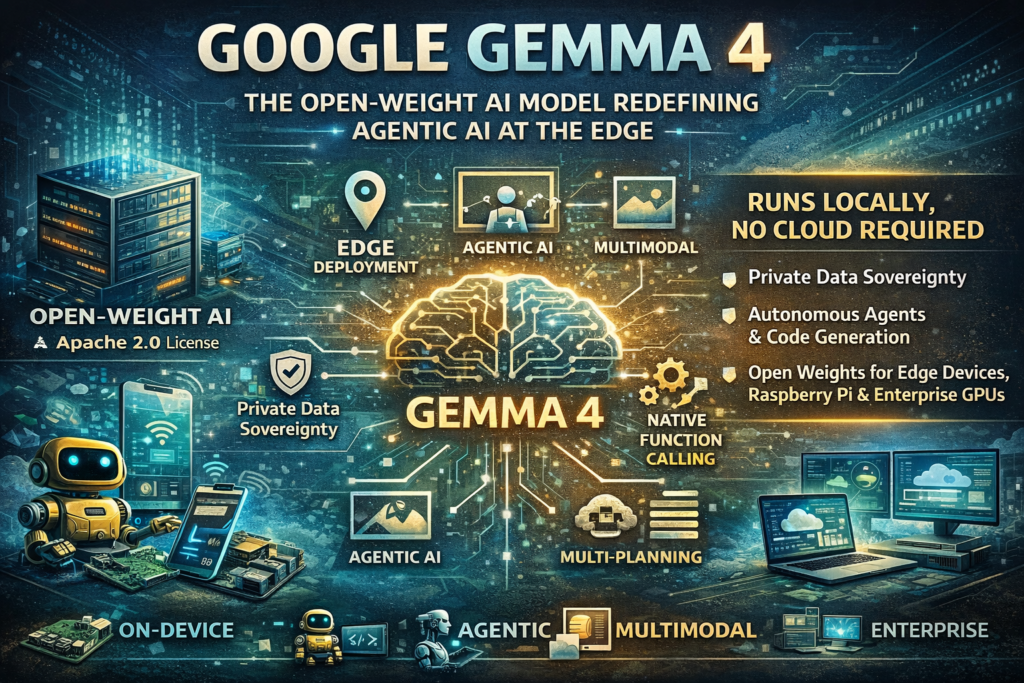 Google Gemma 4 open-weight AI model showing agentic AI, edge deployment, and on-device capabilities across platforms
