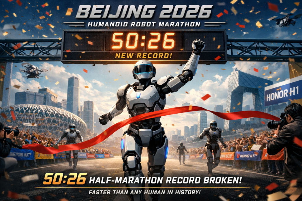 Humanoid robot marathon winner crossing finish line in Beijing 2026, showcasing record-breaking autonomous running performance