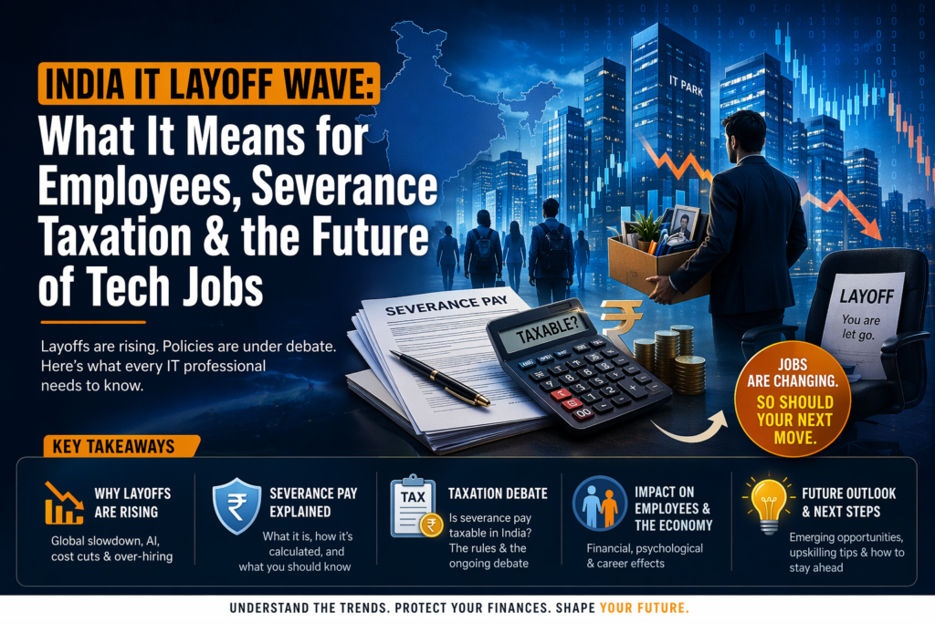 Illustration of India IT layoff wave showing job cuts, severance pay documents, taxation symbols, and tech industry changes