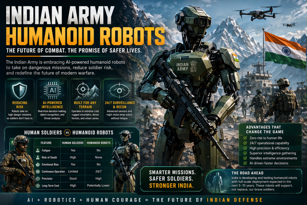 Futuristic Indian Army humanoid robots in combat zone using AI for surveillance and soldier safety