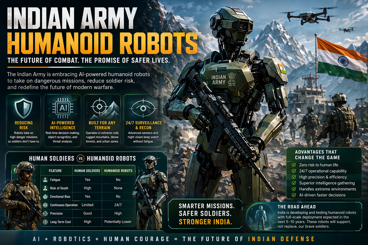 Futuristic Indian Army humanoid robots in combat zone using AI for surveillance and soldier safety
