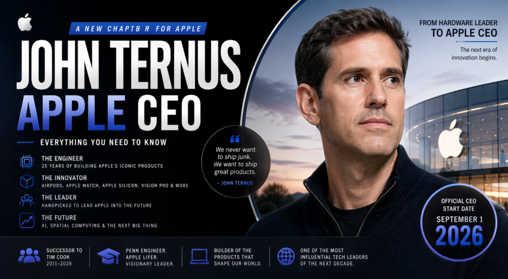 John Ternus Apple CEO speaking at Apple event, highlighting leadership transition from Tim Cook in 2026